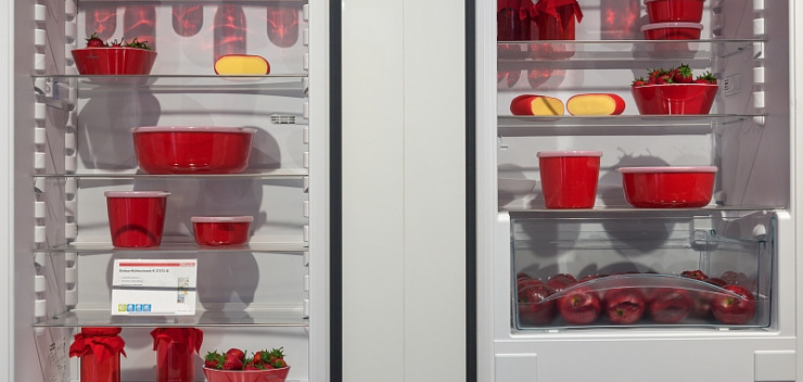 Aufgeräumter Kühlschrank mit roten verschließbaren Plastikboxen