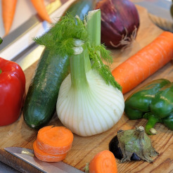 Rohes Gemüse - Paprika, Gurke, Fenchel, Karotte, Aubergine - auf einem Holz-Schneidebrett