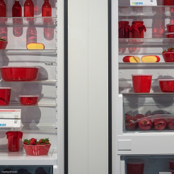 Aufgeräumter Kühlschrank mit roten verschließbaren Plastikboxen