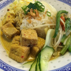 Ein Mittagsgericht mit Tofu im Asien-Shop