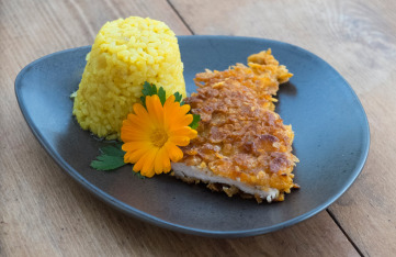 Knuspriges Schnitzel mit Reis auf einem Teller