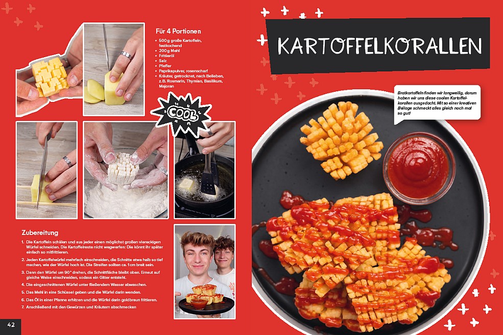 Doppelseite Rezept Kartoffelkorallen bei FabiundPhil erschienen bei TOPP im frechverlag