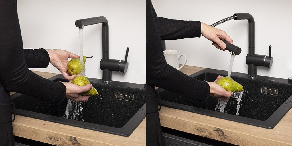 Schlauchbrause schwarz mit herausziehbarem Mousseursauslauf